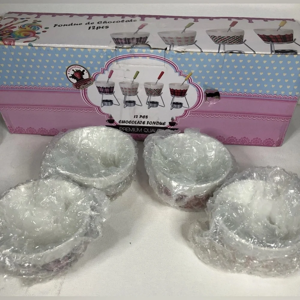 12pcs Ceramic Chocolate Fondue Set Open Box NO TEALIGHT INCLUDED